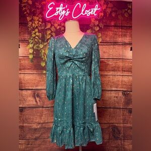 London Times Teal and Gold Leaf Pattern Dress